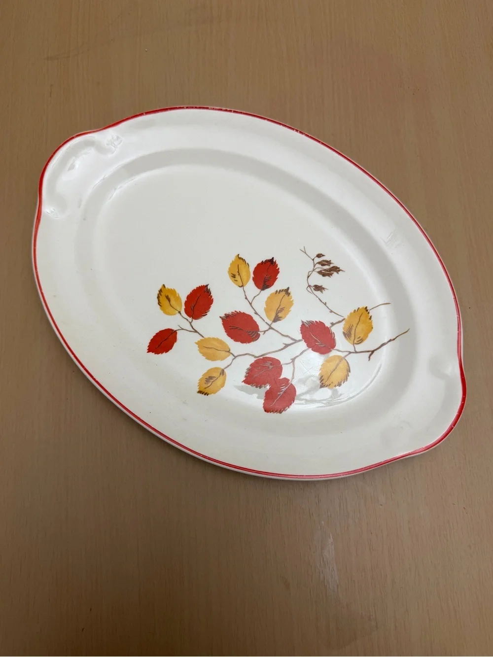 White Ceramic Serving Platter with Red and Yellow Leaf Design